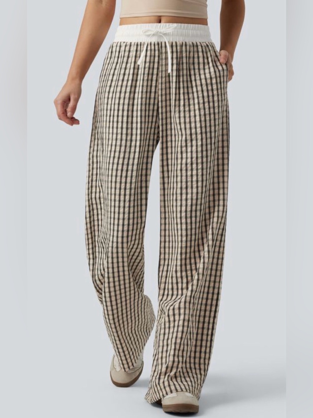 HALARA Mid Rise Drawstring Wide Leg Baggy Plaid Casual Pants with Pockets